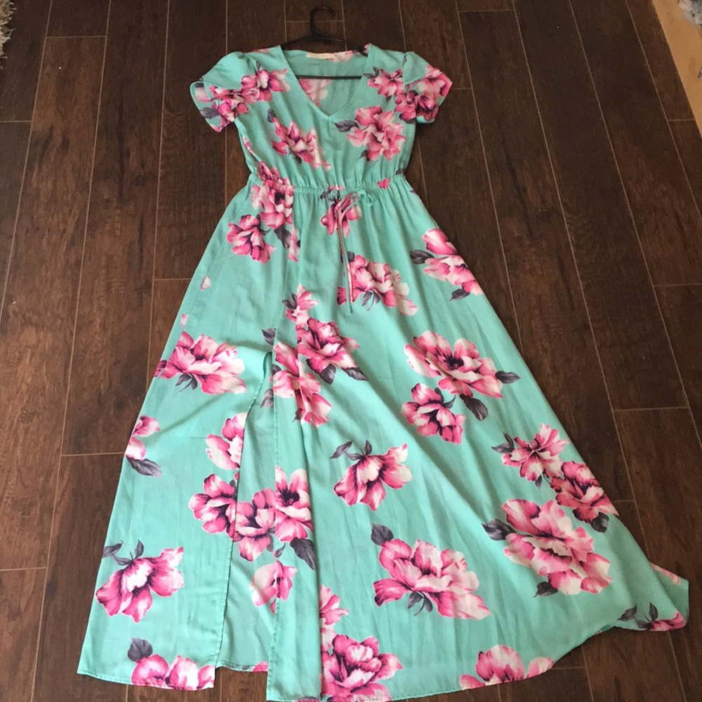 Long teal dress with slit & pink Hawaiian flowers